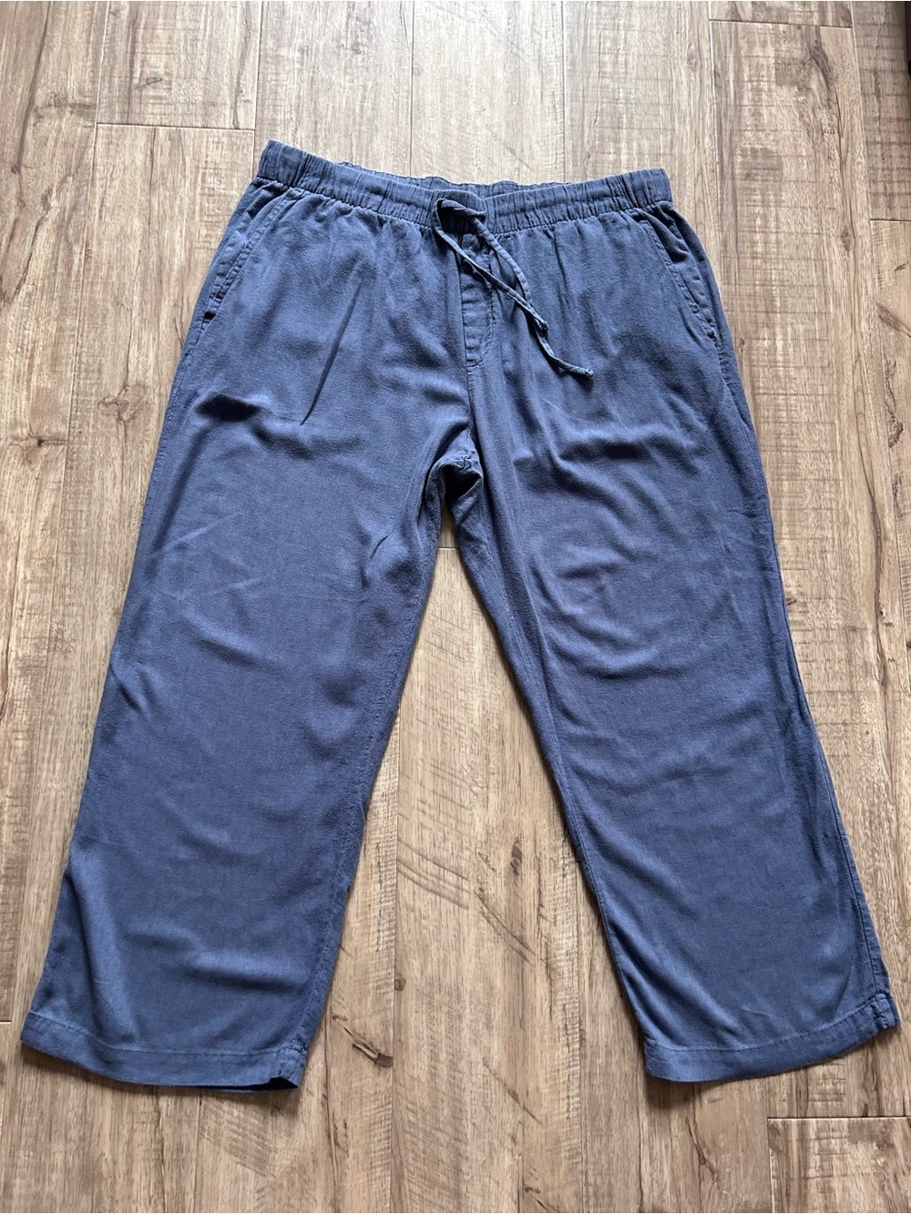 Linen blend pull on easy pant elastic drawstring waist pockets cropped summer